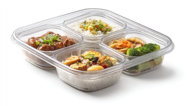 Pre-packaged, four-compartment meal showcasing various entrees rice, chicken, vegetables, and sauce. The transparent container provides a clear view