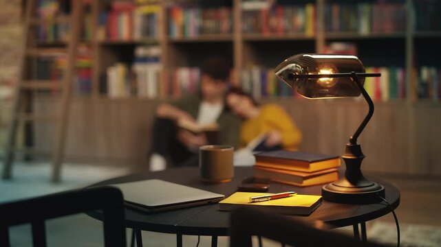 Books and laptop on library desk, romantic couple reading together on floor