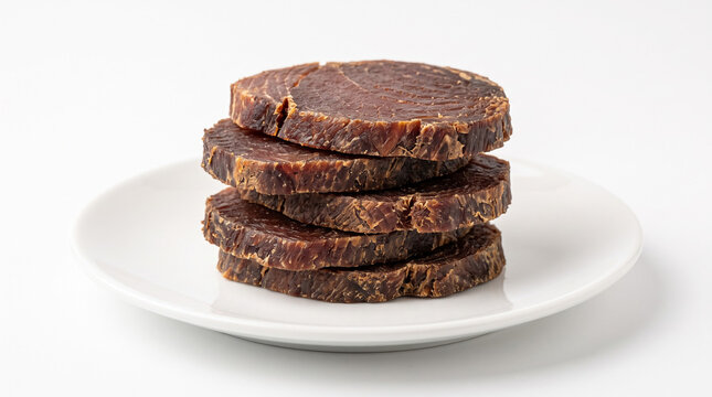 Stack of dried fish steak slices on white plate over white background