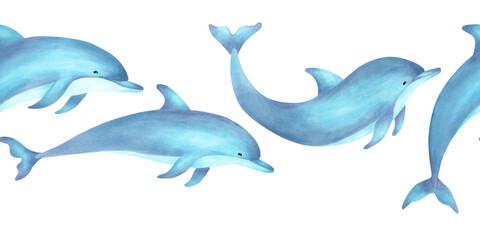 Seamless border featuring cute watercolor dolphins. Marine animal banner illustration. International Dolphin Day. Hand drawn cartoon underwater creature for backgrounds, packaging, paper, advertising