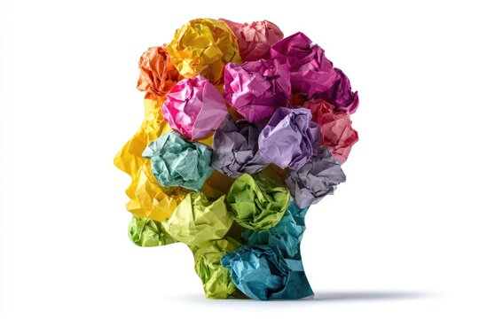 Silhouette head filled with colorful, crumpled paper balls, representing thoughts and ideas. Vivid colors against white background