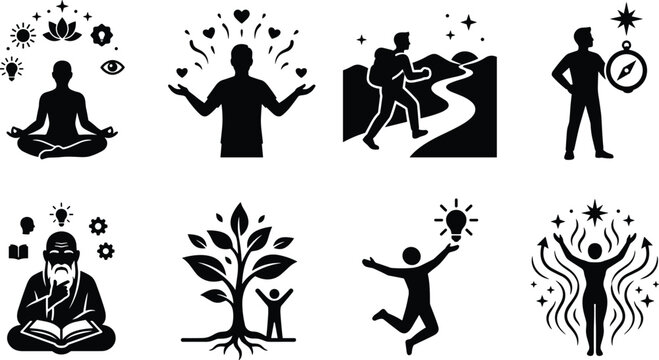 Personal Growth and Self Improvement Icons Set for Mindfulness Wisdom and Life Journey Concepts