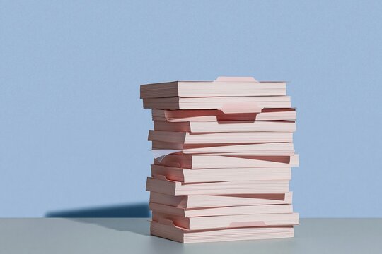 Towering stack of pink paper files and folders with ruffled edges on a desk, featuring a minimalist style for document management and business workflow, copy space