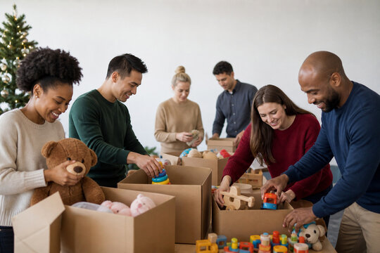 Charitable Donation Effort: A group of diverse volunteers cheerfully pack toys and gifts into cardboard boxes, contributing to a heartwarming charitable drive.