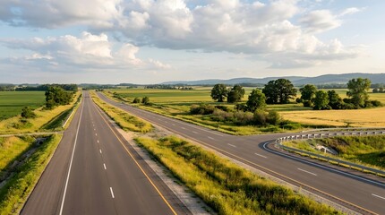 Fototapeta premium Scenic coast road winding through green fields and distant mountains daytime photography