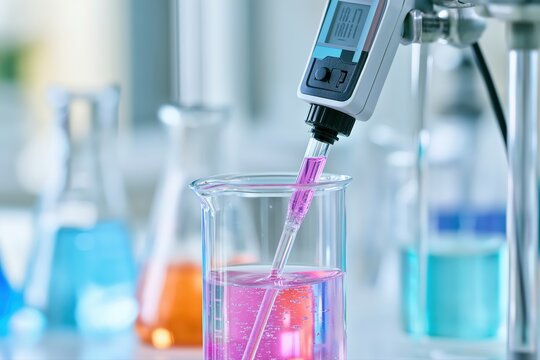 Digital pH Meter Probe Measures Pink Liquid in Beaker