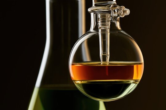 Scientific Glass Separatory Funnel with Colorful Liquid Layers in Chemical Laboratory Experiment
