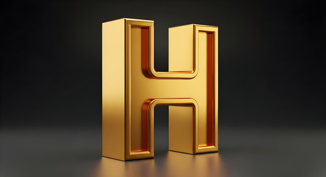 Luxurious 3D Golden Letter H Typography Design Isolated on a Reflective Dark Studio Background