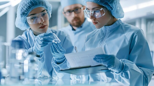 Team bei der Qualit&auml;tskontrolle einer Probe im pharmazeutischen Labor