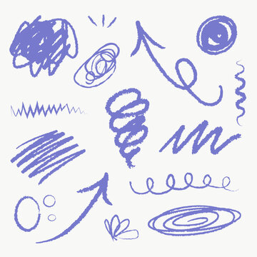 Blue crayon scribbles and arrows set, hand drawn blue pencil doodles and hatchings collection