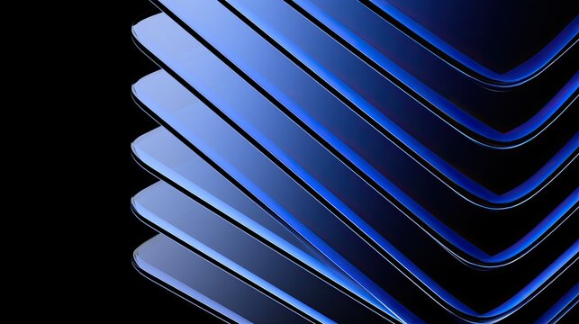 Layered, reflective blue forms curve and recede against a dark background