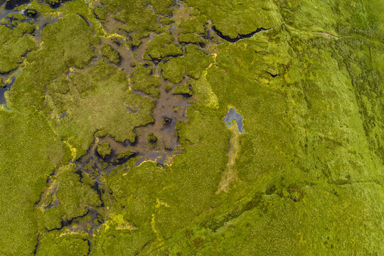 Aerial view of the lush green landscape and wetlands of the Gleniff Horseshoe, featuring small pools of water and rolling hills in County Sligo, Ireland.
