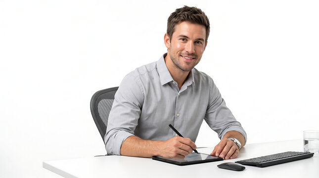 Professional smiling man working on a digital graphic tablet with a stylus pen at a modern white office desk