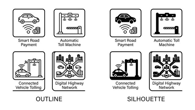 Smart Highway Network Icons: A set of illustrative icons depicting smart road payment, automatic toll machine, connected vehicle tolling, and digital highway network.