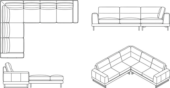 Sectional corner sofa technical drawing with top front side projections and isometric view isolated on white background