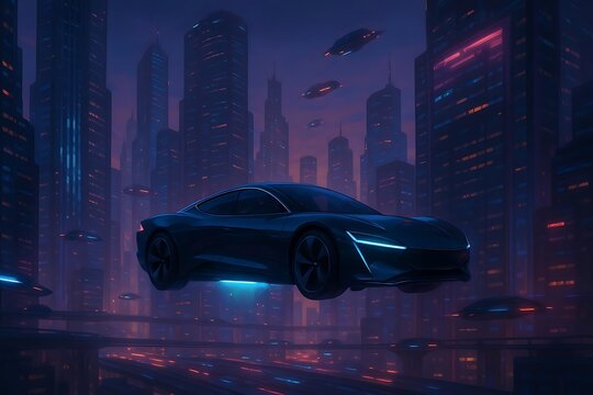 Futuristic flying car hovering above a glowing neon cyberpunk city at night