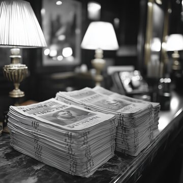 Stacks of fresh vintage newspapers lying on a counter table in a cozy dim room with lamps
