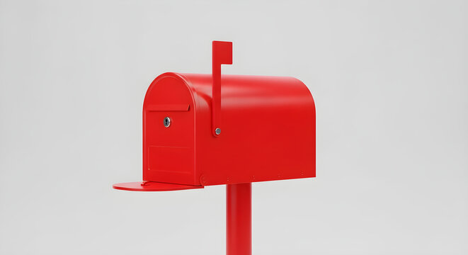 Classic Bright Red Suburban Metal Mailbox Isolated on a Clean Light Gray Background for Postal Service and Correspondence Delivery Concepts