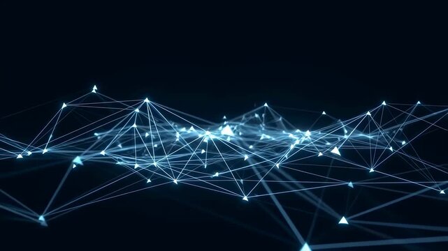 Glowing blue and cyan digital nodes pulse and shift as connecting lines dynamically form and break across a dark background. Pulsing motion creates glowing light and visible depth.