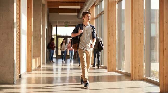 Young student walking down a modern school hallway with a backpack, sunlight streaming in