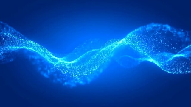 Glowing blue particle wave flows smoothly across a dark blue gradient background with pulsing and expanding motion. Abstract background features particle wave with rhythmic movement.