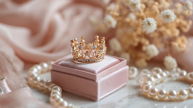 Elegant Pearl Necklace in a Luxury Jewelry Gift Box on White Background, Bridal Wedding Jewelry with Ribbon, Romantic Present for Celebration, Fashion and Beauty Concept