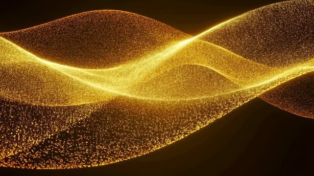 Golden particles flow and undulate in wave patterns across a dark digital space background. Layered composition brings together golden particle waves and flowing motion.