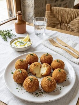 Traditional Greek Kaserokroketes fried cheese balls with melted center served with tzatziki sauce.