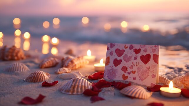Christmas Candles and Festive Decorations on a Red Table, Cozy Holiday Candlelight with Seashells, Pearls and Elegant Seasonal Ornament for Winter Celebration and Christmas Decor