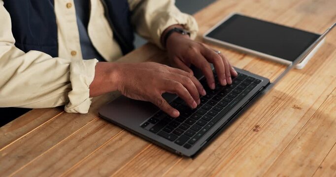 Business, hands or typing on laptop in office for draft editing, story research or creative project. Content writer, person and tech at media agency for online publication, submission upload and blog