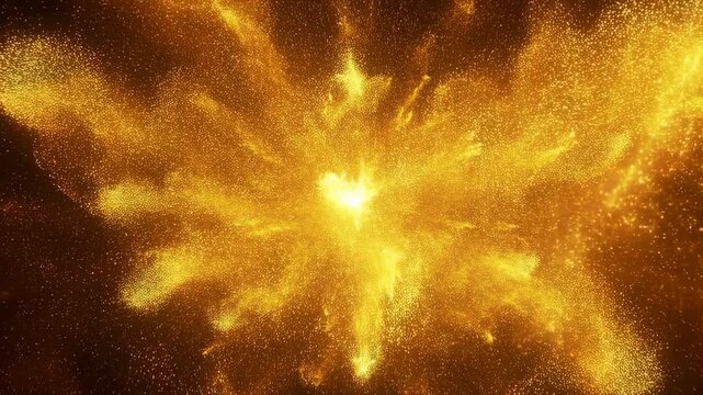 Golden particles explode outward from a central light burst, dispersing and fading across a dark digital space. Abstract energy backdrop features exploding and visible light.