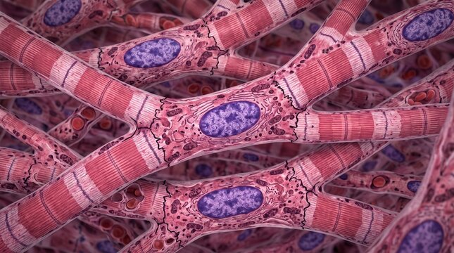 3D Illustration of Cardiac Muscle Tissue Showing Striated Fibers and Intercalated Discs
