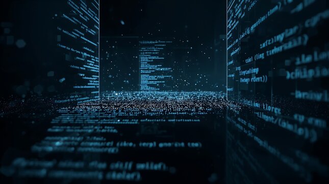Abstract digital background with glowing blue code and data particles