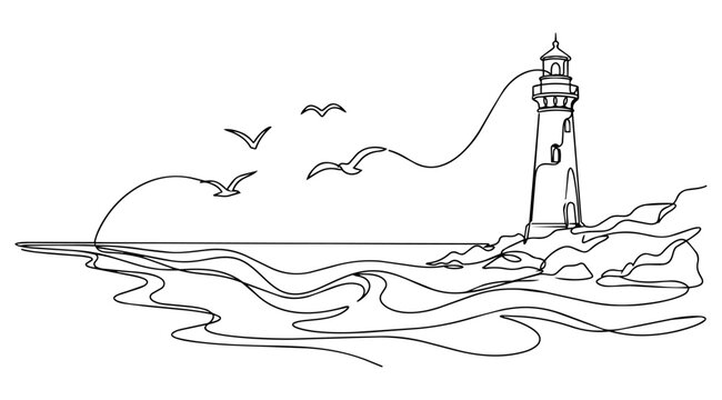 Lighthouse Continuous Line Art Drawing Coastal Illustration