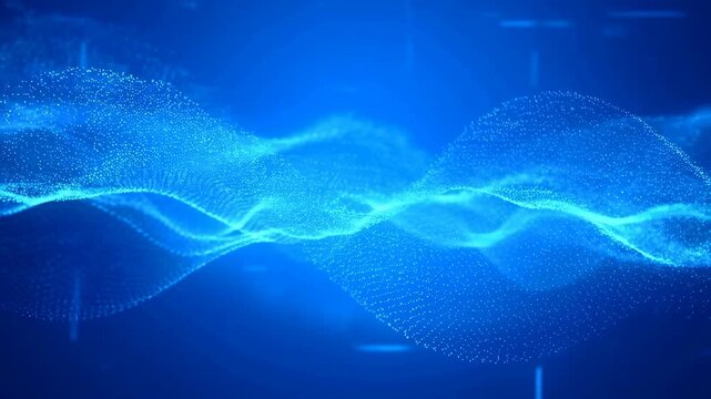 Blue glowing particle wave flows and pulses across a dark background. Continuous motion creates a soft haze and diffusion effect in a digital space environment.