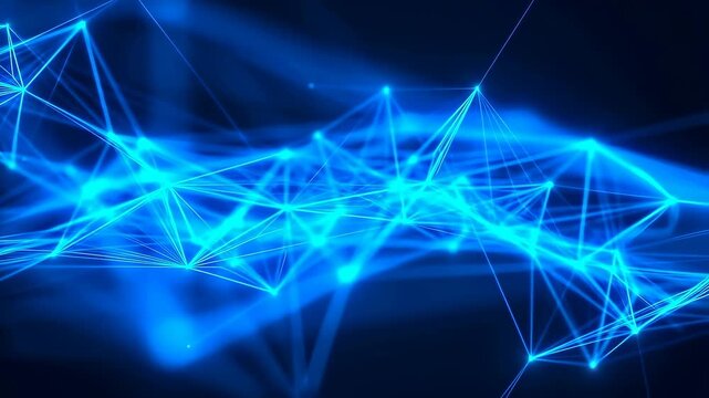Glowing blue nodes and connecting lines form a shifting digital mesh network on a dark background. Animated scene combines lines and points with glowing light.