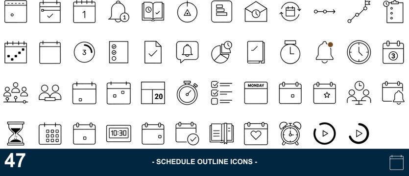 Minimalist schedule outline icons set, 47 calendar and time management vector symbols, professional business planning line art collection ,Clean grouped each Icon