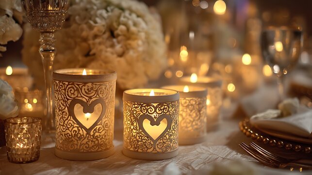 Candles in a Church with Champagne Glasses and Golden Christmas Decorations for Festive New Year, Wedding, Anniversary and Holiday Celebration