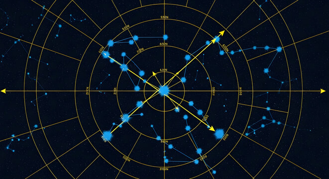 Abstract Celestial Star Map Featuring Geometric Navigation Lines and Astral Constellation Patterns in Deep Space