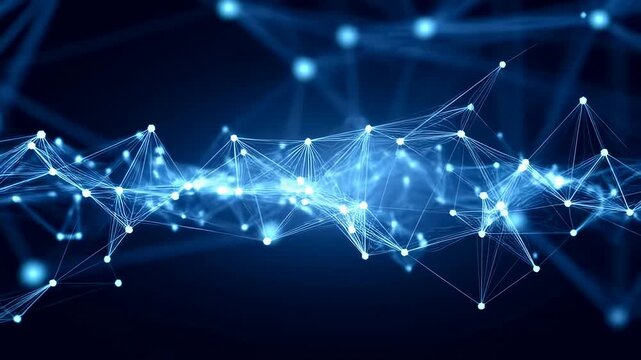 Glowing blue and cyan nodes pulse and shift while connected by flowing white lines across a dark gradient background. Animated texture shows points and lines with pulsing motion.