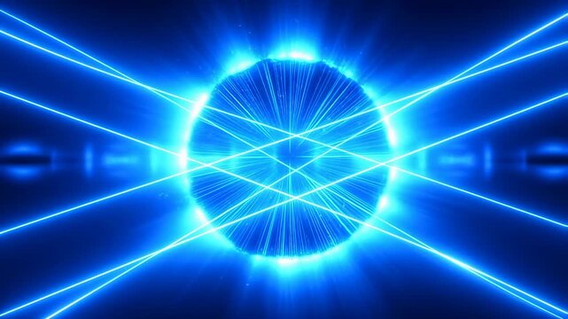 Blue glowing laser lines converge and intersect on a radiant pulsing sphere in a dark digital abstract space. Expanding light and particle movement form a radiant abstract energy burst.