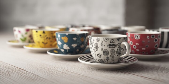 A Beautiful Arrangement of Coffee Cups with Various Designs on a Light Wooden Surface