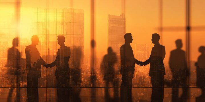 Business partnership collaboration concept with business people silhouette and city background during sunrise light in urban environment