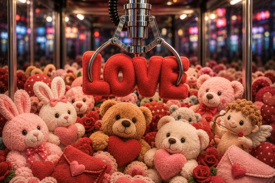 Valentine&rsquo;s Day Plush Toys in Claw Machine Holding a Red LOVE Prize. Catching love, winning love concept