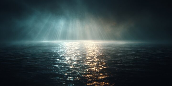 Ethereal Light Rays Illuminate Calm Water Surface in a Dark Mystical Atmosphere with Fog and Tranquil Reflections