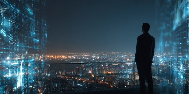 Man Observing Digital Interface with Data Visualization Over Cityscape Showing Analytics and Global Connections for Business and Technology Themes