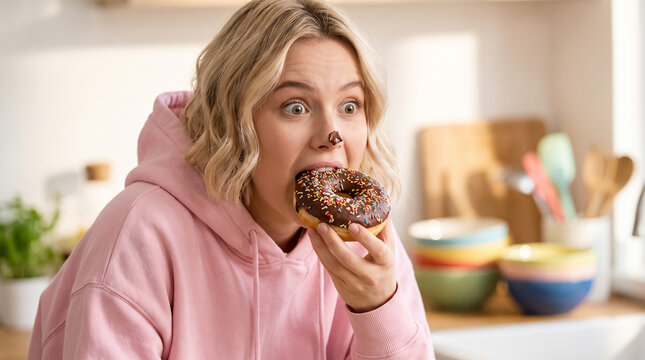 Woman eating a chocolate donut with sprinkles, having a sweet craving and indulging in a funny snack time