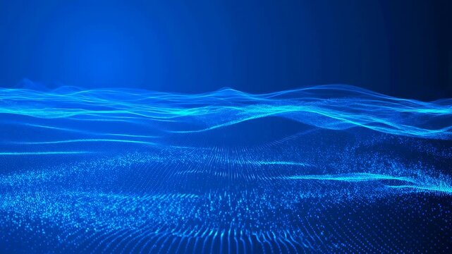 Blue glowing wave composed of floating particles flows smoothly across a dark blue gradient background. Flowing visual background for technology presentations and digital art display.