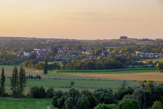 Summer landscape, The terrain hill countryside in Zuid-Limburg, Small houses on hillside in the evening during sunset, Gulpen-Wittem is a villages in Dutch province of Limburg, Gulperberg, Netherlands