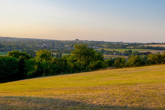Summer landscape, The terrain hill countryside in Zuid-Limburg, Small houses on hillside in the evening during sunset, Gulpen-Wittem is a villages in Dutch province of Limburg, Gulperberg, Netherlands
